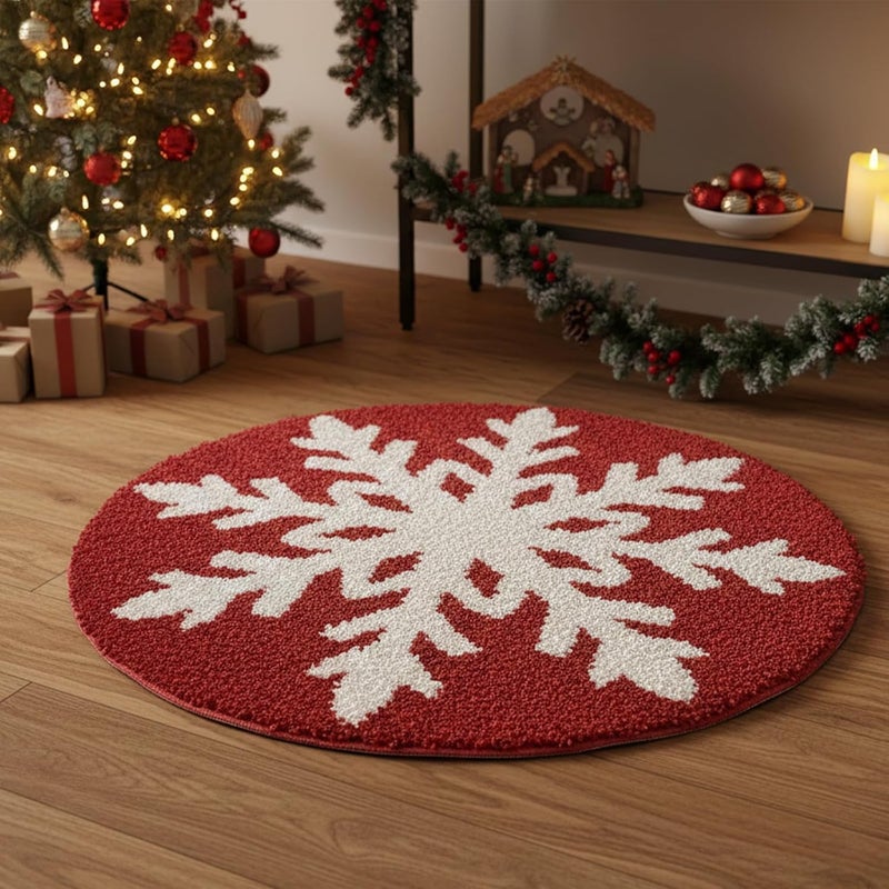 REFGY Christmas Bath Rug, 24x24" Red Snowflake Round Bathroom Mat, Extra Soft & Absorbent, Machine Washable Non Slip Shower Mat, Winter Themed Xmas Plush Bathroom Floor Rug for Holiday Décor Snow Bath Rug - Image 1